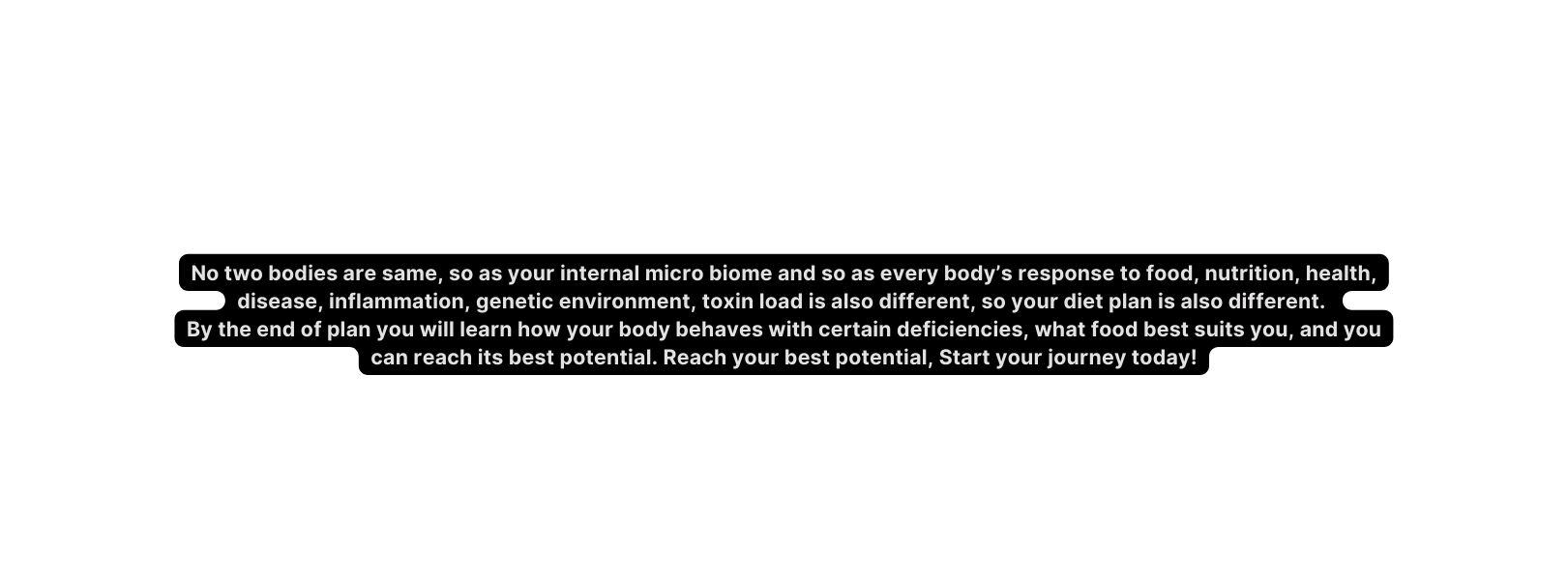 No two bodies are same so as your internal micro biome and so as every body s response to food nutrition health disease inflammation genetic environment toxin load is also different so your diet plan is also different By the end of plan you will learn how your body behaves with certain deficiencies what food best suits you and you can reach its best potential Reach your best potential Start your journey today